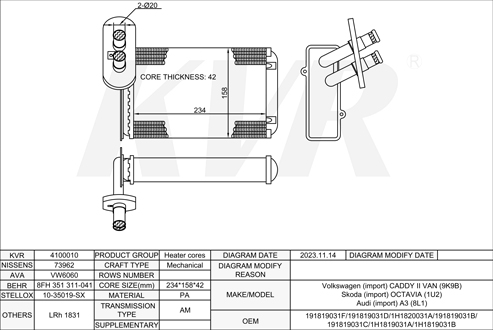 VOLKSWAGEN ESTATE,1995-2004 AYQ HEATER