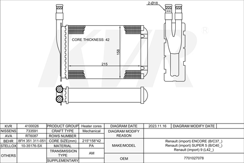 RENAULT HATCHBACK,1984-96 F8M 730 HEATER