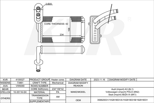 VOLKSWAGEN HATCHBACK,1999-2001 AEF HEATER