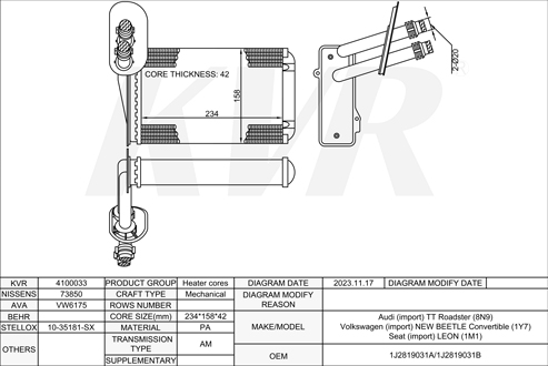 VOLKSWAGEN CONVERTIBLE,2002-10 BPS HEATER