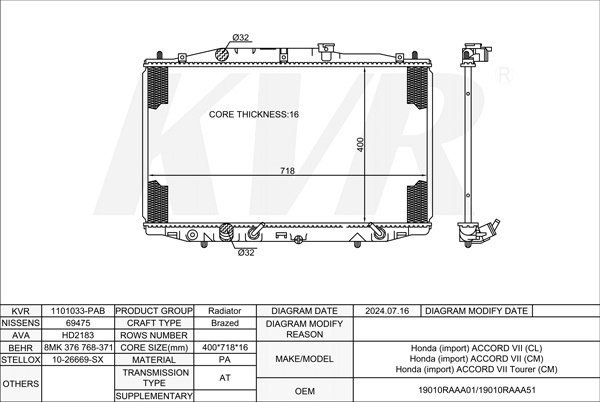 HONDA SALOON,2003- K24A8 RADIATOR