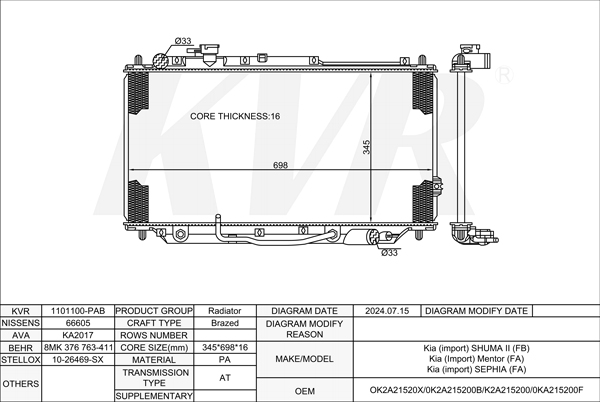 KIA HATCHBACK,2001-04 T8 RADIATOR