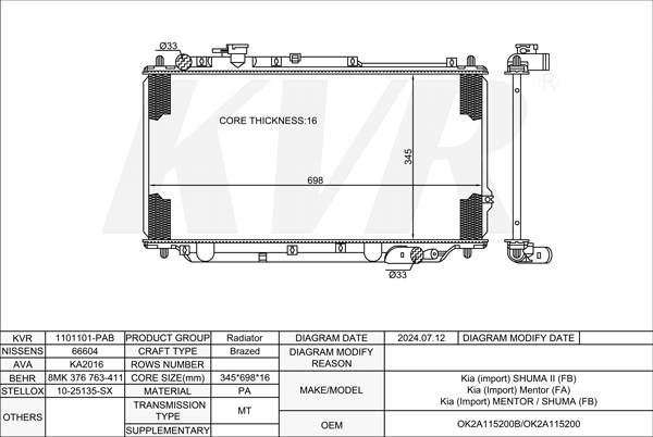 KIA HATCHBACK,2001-04 T8 RADIATOR