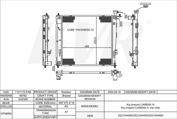 KIA MPV,2013-16 D4FD RADIATOR