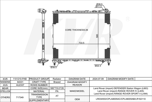 LAND ROVER SUV,2012-21 306DT(TDV6) RADIATOR