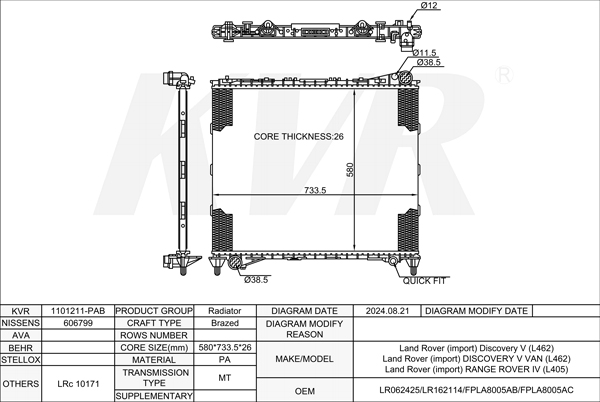 LAND ROVER SUV,2016- 306DT(TDV6) RADIATOR