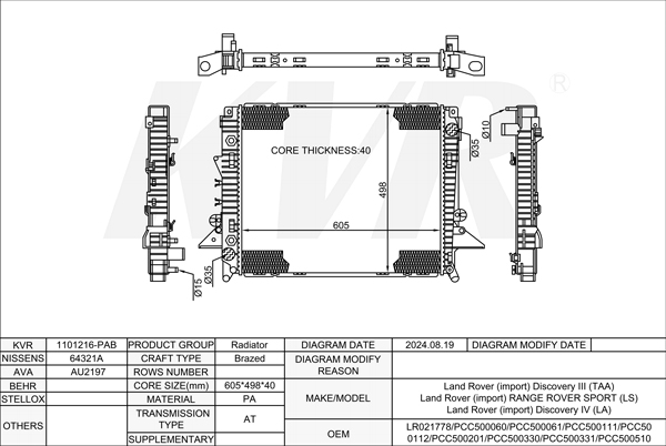 LAND ROVER Closed Off-Road Vehicle,2004-09 276DT RADIATOR