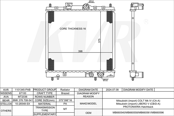 MITSUBISHI HATCHBACK,1992-96 4G92 (SOHC 16V) RADIATOR