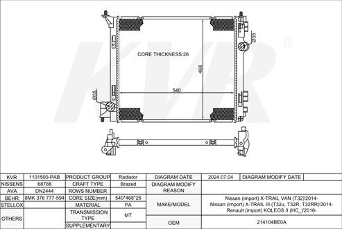 NISSAN SUV Van,2014- R9M RADIATOR