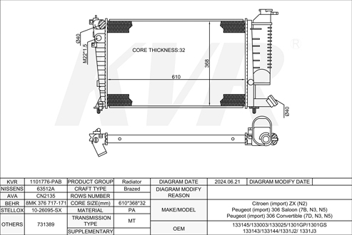 CITROEN HATCHBACK,1991-97 RFX (XU10J2C) RADIATOR