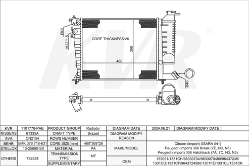 CITROEN HATCHBACK,1997-2005 NFZ (TU5JP) RADIATOR