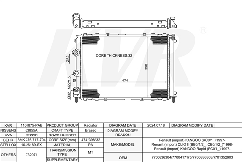 RENAULT HATCHBACK,1998- F9Q 780 RADIATOR
