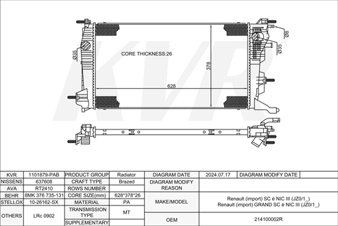 RENAULT MPV,2009- K9K 846 RADIATOR