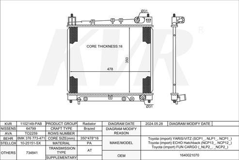 TOYOTA HATCHBACK,1999-2005 1NZ-FE RADIATOR