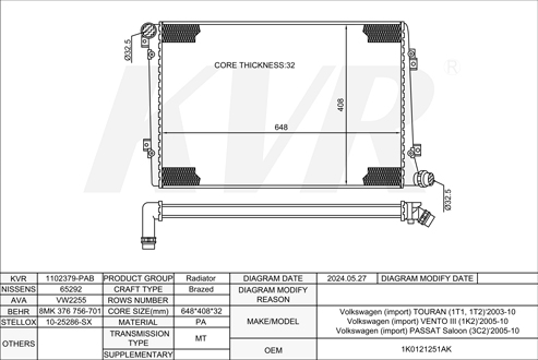 VOLKSWAGEN MPV,2003-10 BXE RADIATOR