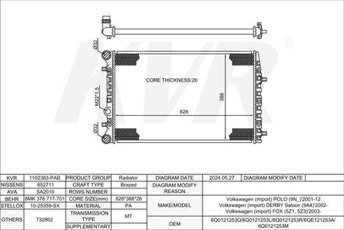 VOLKSWAGEN HATCHBACK,2001-12 ASY RADIATOR