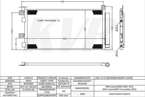 MINI HATCHBACK,2001-06 W11 B16 A CONDENSER