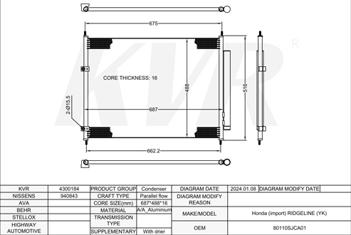 HONDA PICKUP,2005-14 J35A9 CONDENSER