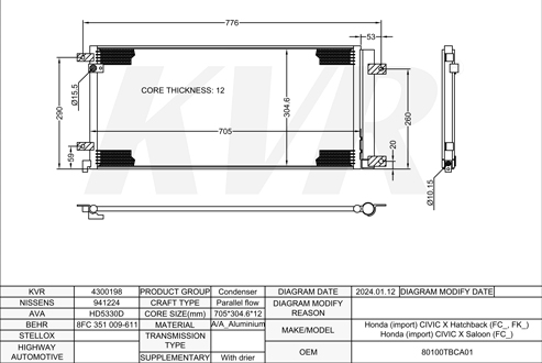 HONDA HATCHBACK,2017-22 P10A2 CONDENSER