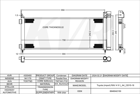 TOYOTA SUV,2015-18 2AR-FXE CONDENSER