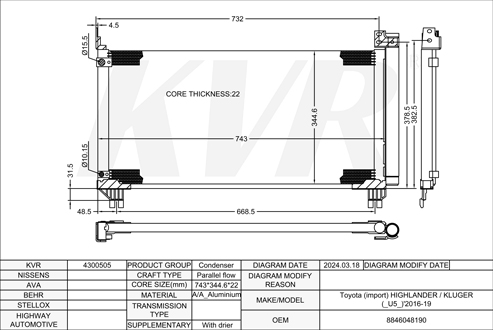 TOYOTA SUV,2016-19 2GR-FKS CONDENSER
