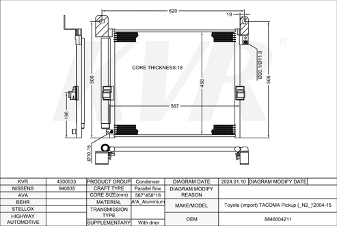 TOYOTA PICKUP,2004-15 2TR-FE CONDENSER