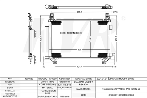 TOYOTA HATCHBACK,2012-20 1KR-FE CONDENSER