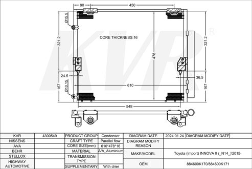 TOYOTA MPV,2015- 1TR-FE CONDENSER