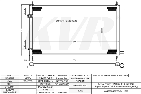 TOYOTA HATCHBACK,2012-20 1NZ-FXE CONDENSER