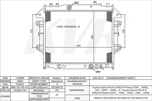 TOYOTA PICKUP,2004- 1KD-FTV RADIATOR