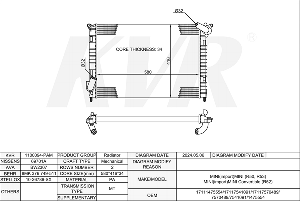 MINI HATCHBACK,2001-06 W11 B16 A RADIATOR