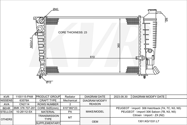 PEUGEOT HATCHBACK,1993-2003 DHY (XUD9TE) RADIATOR