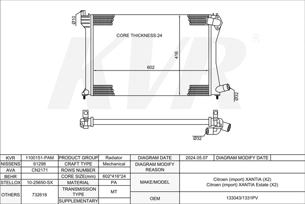 CITROEN HATCHBACK,1998-2003 RHZ (DW10ATED) RADIATOR