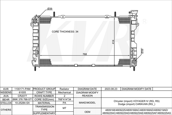 CHRYSLER MPV,1999-2008 EGA RADIATOR