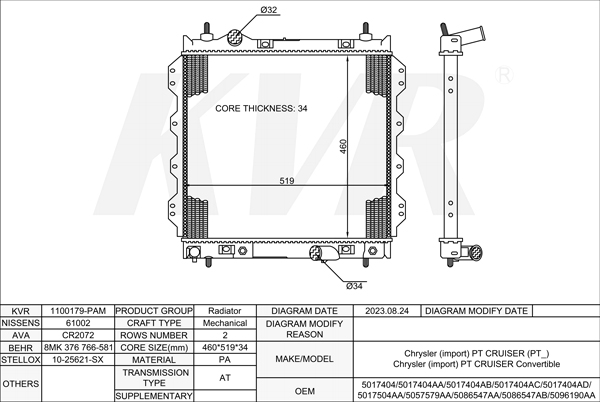 CHRYSLER ESTETA,2000-10 EDZ RADIATOR