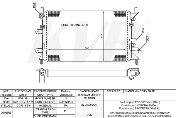 FORD HATCHBACK,1990-95 F6G RADIATOR