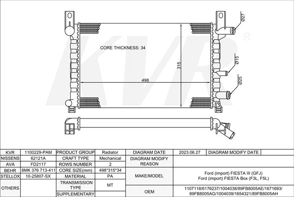 FORD HATCHBACK,1989-97 J6B RADIATOR