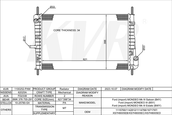 FORD SALOON,2000-07 N7BA RADIATOR