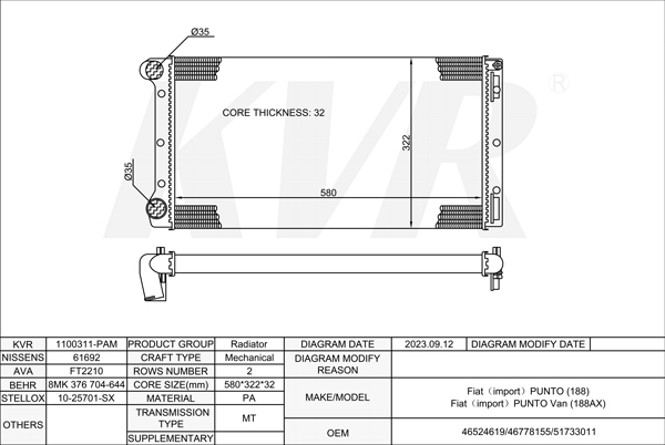 FIAT HATCHBACK,1999- 188 A7.000 RADIATOR