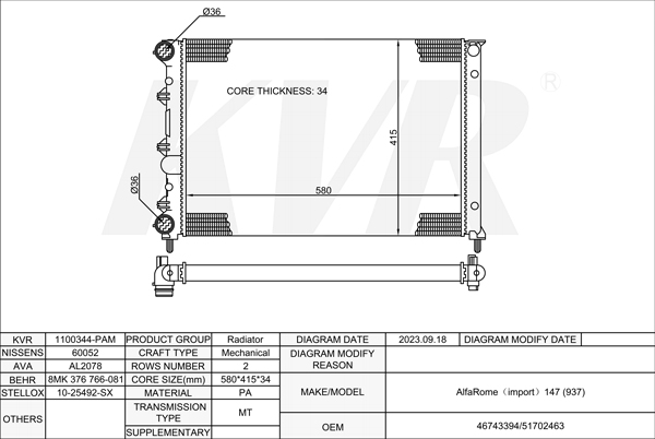 ALFA-ROMEO HATCHBACK,2000-10 AR 32310 RADIATOR