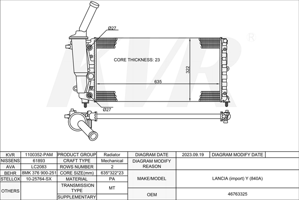LANCIA HATCHBACK,1995-2003 188 A5.000 RADIATOR