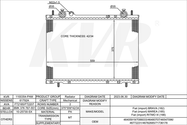 FIAT HATCHBACK,1995-2003 182 A7.000 RADIATOR