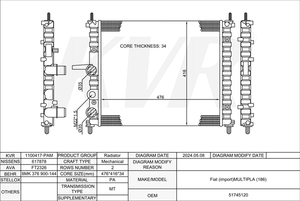 FIAT MPV,1999-2010 182 B6.000 RADIATOR