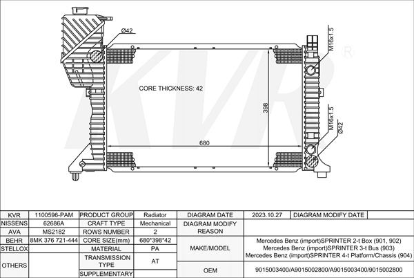 Mercedes Benz BOX,1995-2006 OM 602.980 RADIATOR