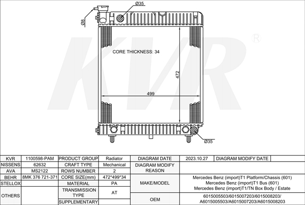 Mercedes Benz Platform/Chassis,1977-96 OM 617.913 RADIATOR