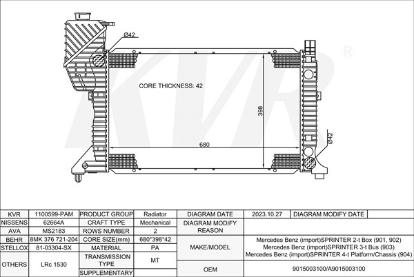 Mercedes Benz BOX,1995-2006 OM 602.980 RADIATOR
