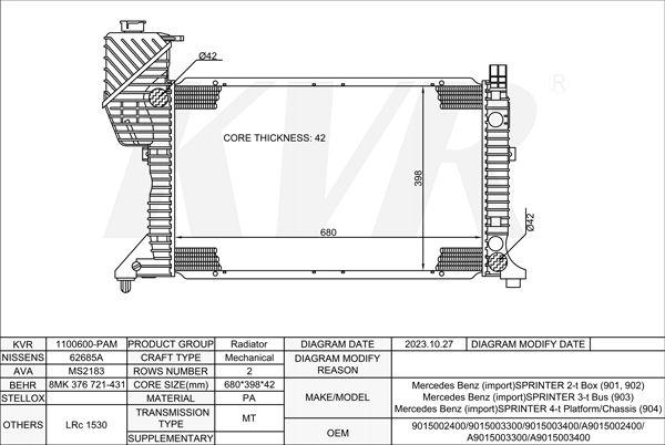 Mercedes Benz BOX,1995-2006 OM 602.980 RADIATOR