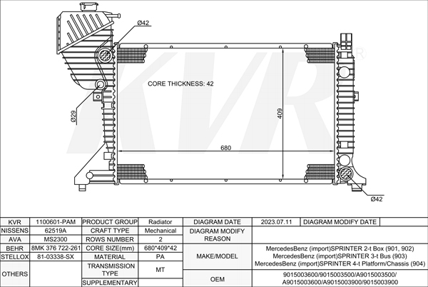 MERCEDES BENZ BOX,1995-2006 OM 611.987 RADIATOR