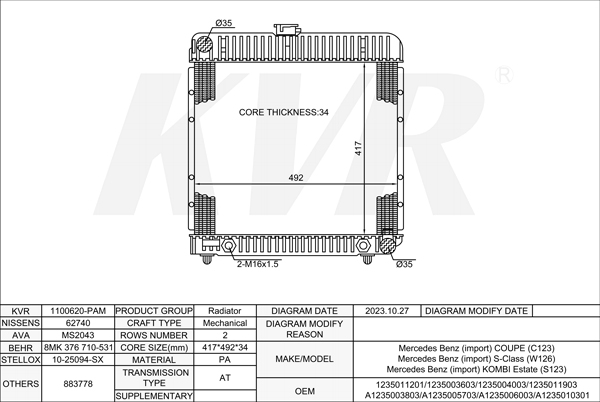 Mercedes Benz COUPE,1977-85 M 113.968 RADIATOR
