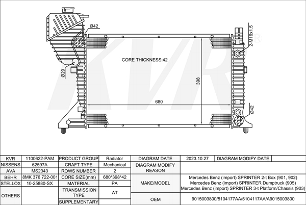 Mercedes Benz BOX,1995-2005 OM 612.981 RADIATOR